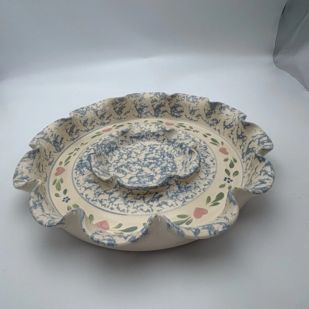 Vintage Floral Scalloped Pottery  Chip and Dip Platter with Hearts